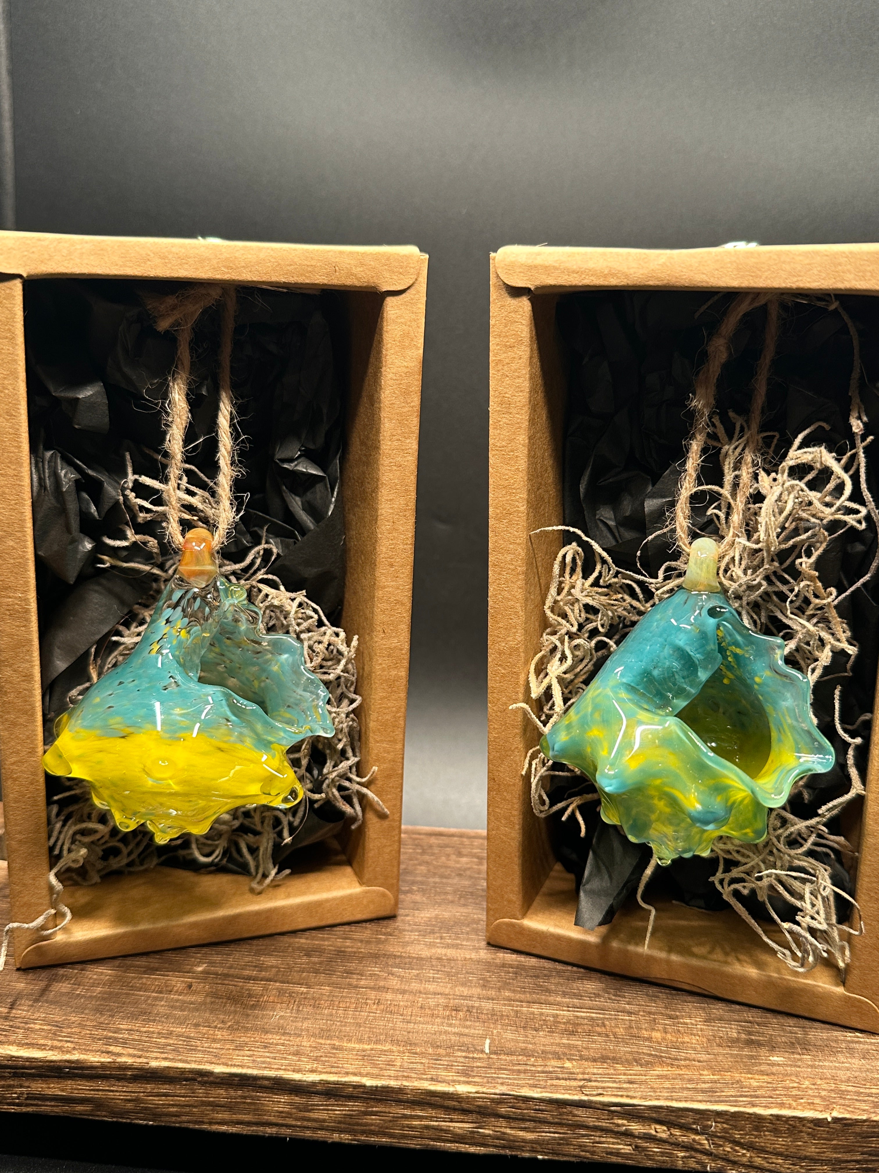 Hand-sculpted glass conch shell hanging planters in gift-ready premium packaging by Unclefish.