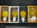 A flameworked and hand-spun blown glass pineapple night light featuring a detailed green crown and a textured yellow frit body that diffuses a warm, amber glow.